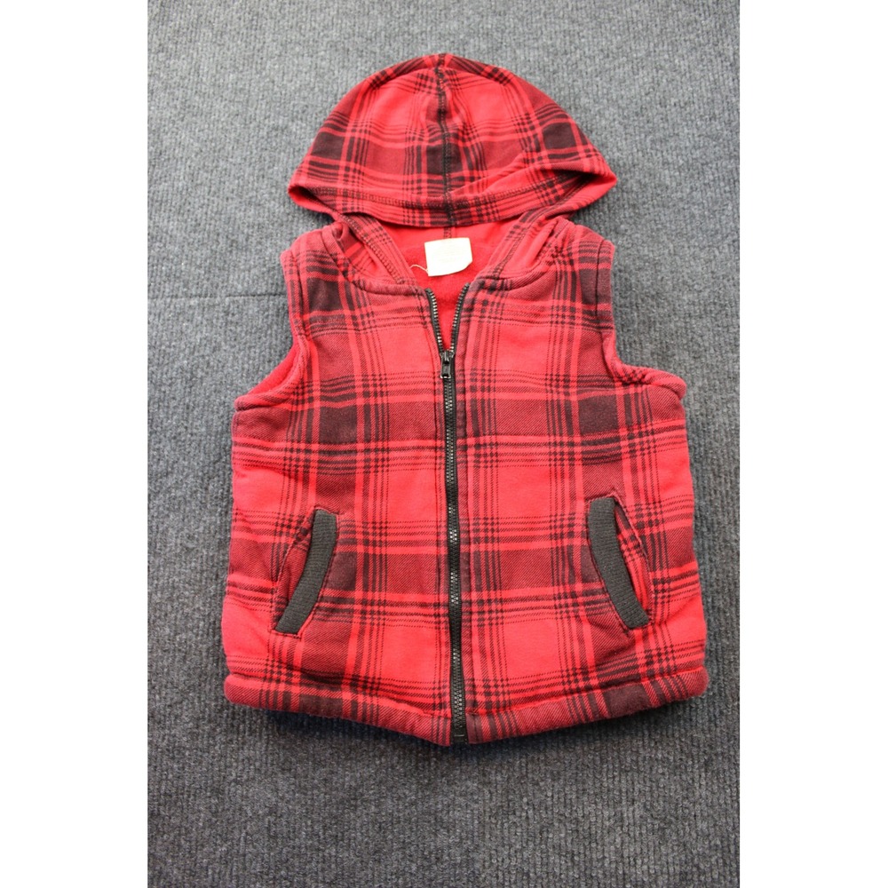 Wonder Kids Toddler Boys Red Black Plaid Hooded Vest Fleece Lined Size 3T 5016